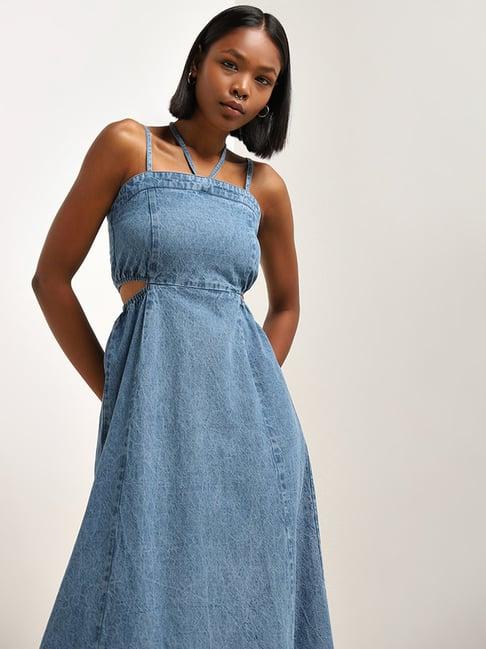 nuon by westside blue cut-out detailed straight denim dress