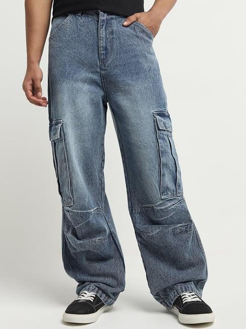 nuon by westside blue faded cargo-style relaxed-fit mid-rise jeans