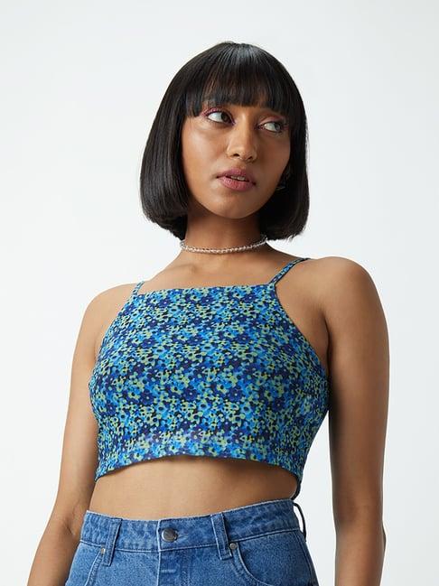 nuon by westside blue floral-patterned crop top