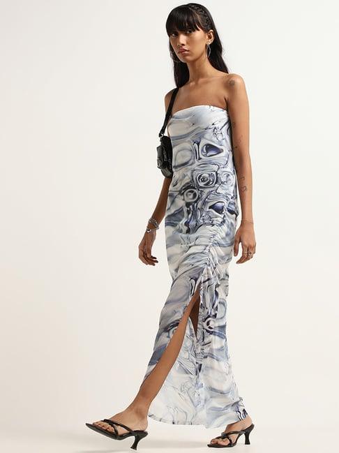 nuon by westside blue marble print strapless dress