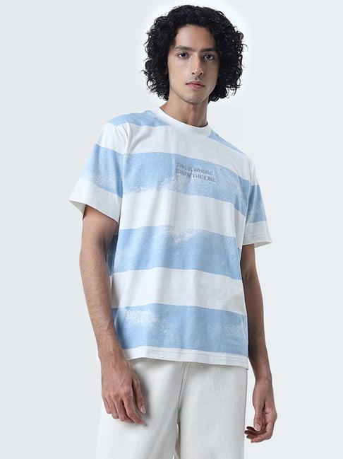 nuon by westside blue stripe patterned relaxed-fit cotton t-shirt