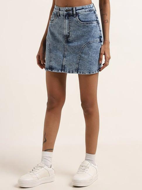 nuon by westside blue washed design high-rise denim skirt