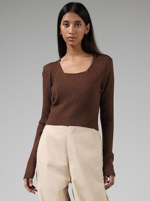 nuon by westside brown pointelle knitted sweater