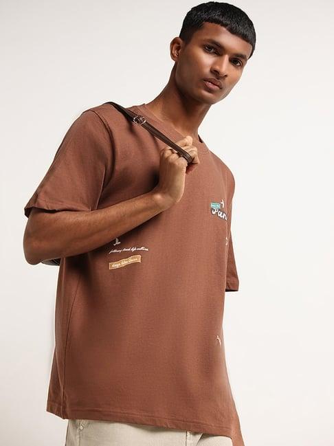 nuon by westside brown relaxed fit contrast print t-shirt