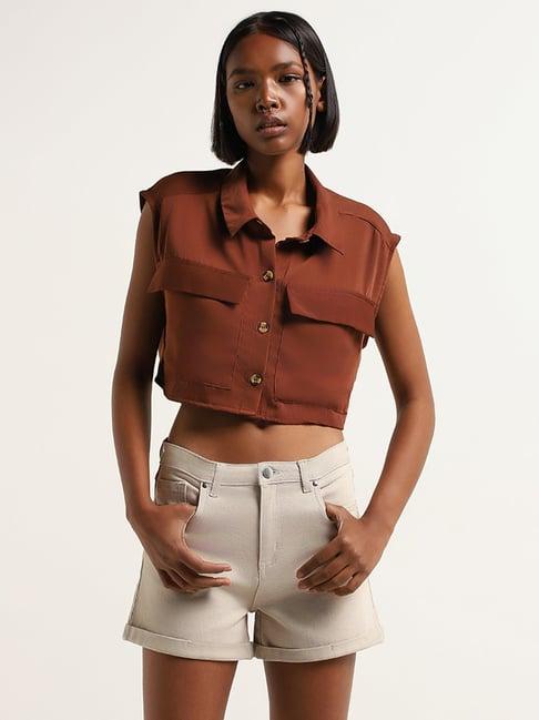 nuon by westside brown sleeveless crop shirt