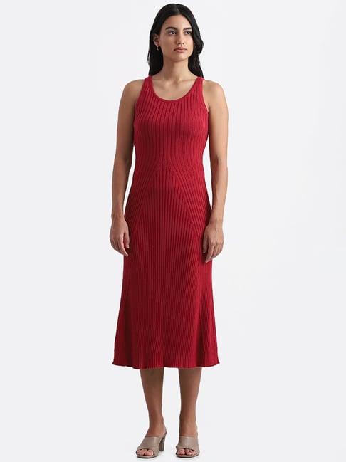 nuon by westside cherry red self striped bodycon dress