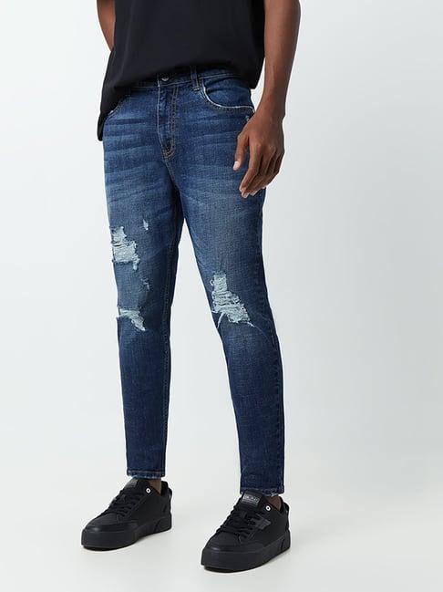 nuon by westside dark blue ripped detail rodeo crop jeans