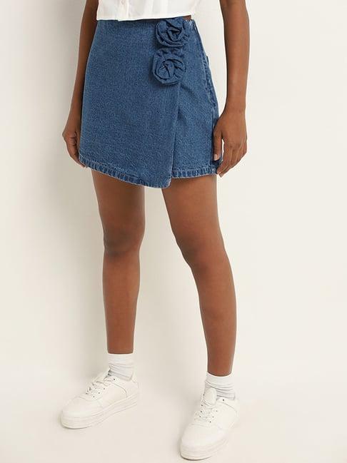 nuon by westside dark blue rosette high-rise cotton skort