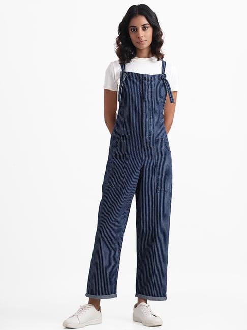 nuon by westside dark blue striped denim jumpsuit