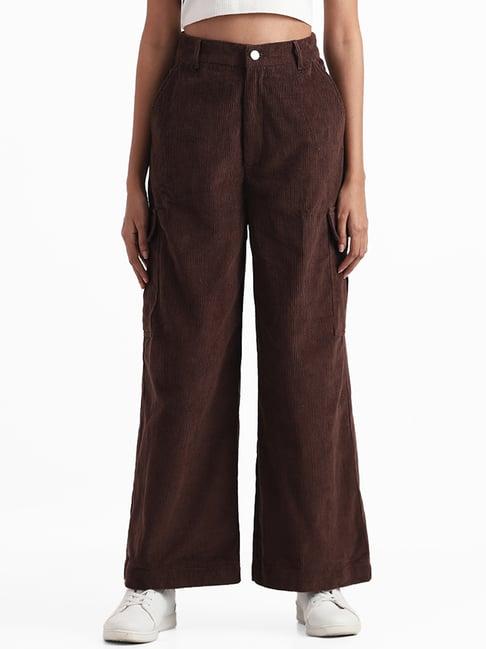 nuon by westside dark brown corduroy cargo high rise trousers