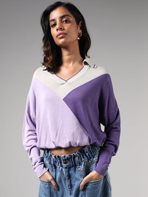 nuon by westside lavender colorblock crop sweater
