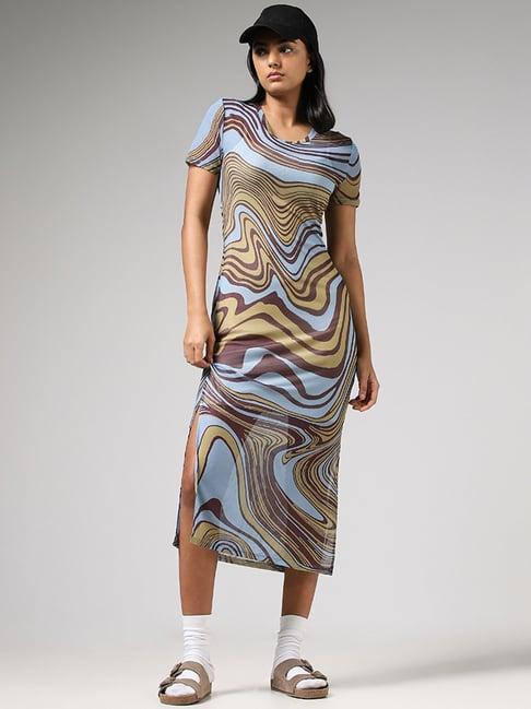 nuon by westside light blue abstract printed high-slit bodycon dress