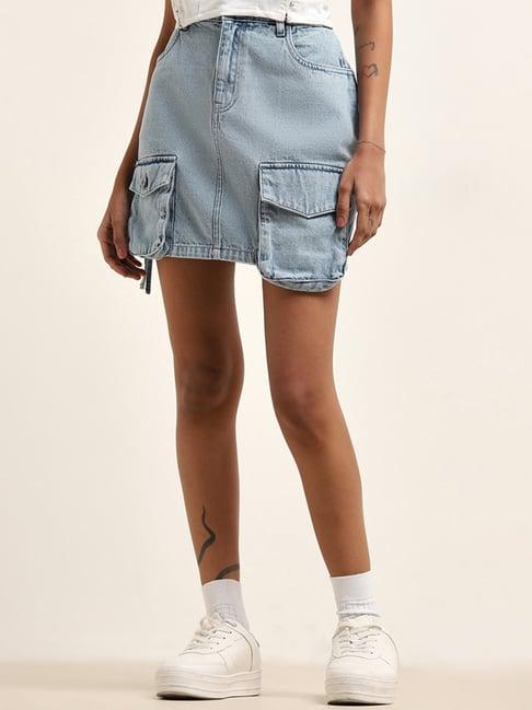 nuon by westside light blue cargo-style high-rise denim skirt