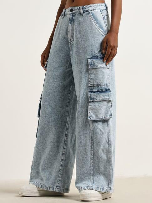 nuon by westside light blue cargo-style low-rise relaxed fit jeans