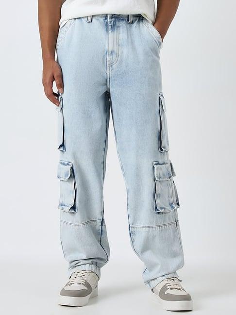 nuon by westside light blue cargo-style mid-rise relaxed-fit jeans