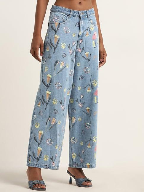 nuon by westside light blue floral relaxed-fit mid-rise jeans