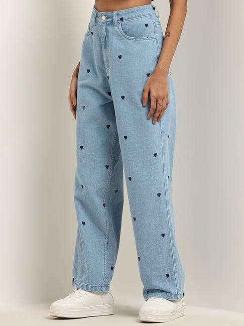 nuon by westside light blue heart design high-rise relaxed fit jeans