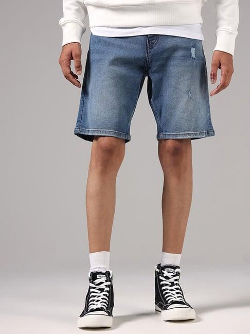nuon by westside mid blue denim distressed relaxed fit shorts