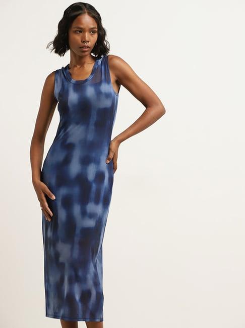 nuon by westside navy tie-dye patterned mesh bodycon dress