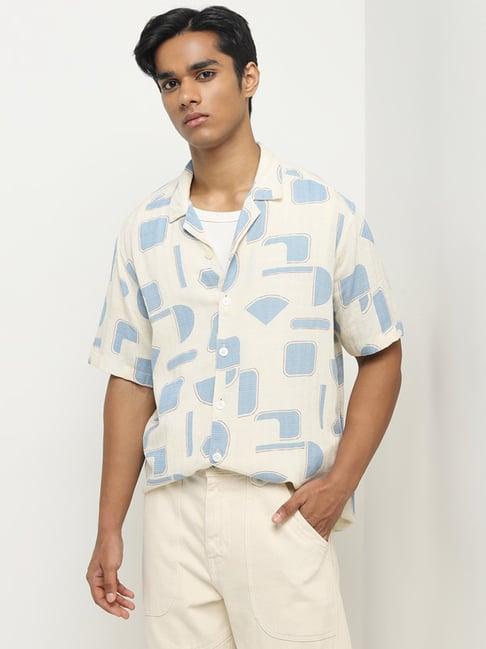 nuon by westside off-white abstract blended linen relaxed-fit shirt