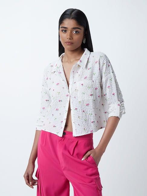 nuon by westside off-white floral textured crop shirt