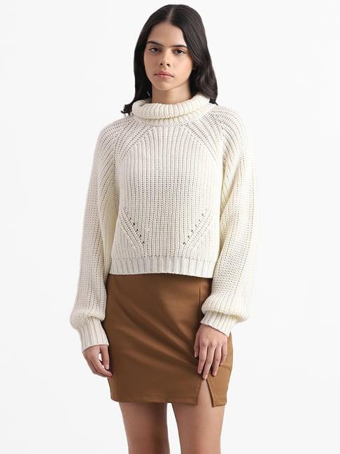 nuon by westside off white relaxed fit turtle neck rib-knit sweater