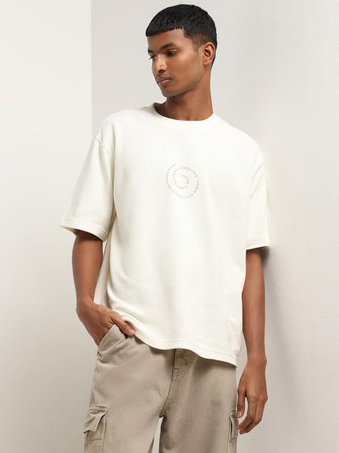 nuon by westside off-white spiral text relaxed-fit cotton t-shirt