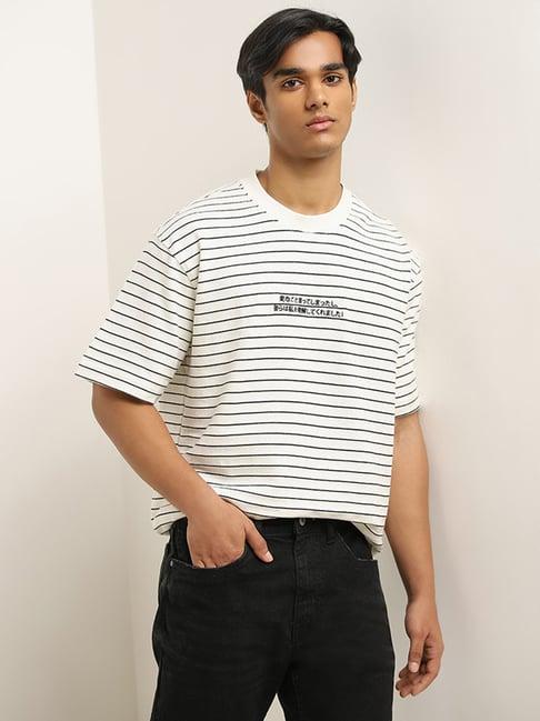 nuon by westside off-white striped relaxed-fit cotton blend t-shirt