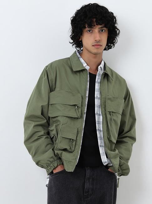 nuon by westside olive cargo-style relaxed-fit cotton blend jacket