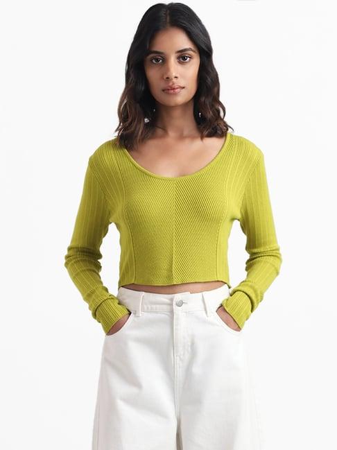 nuon by westside olive green self striped crop fit sweater