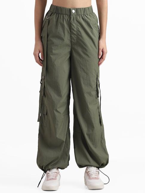 nuon by westside olive relaxed fit full length cargo trousers