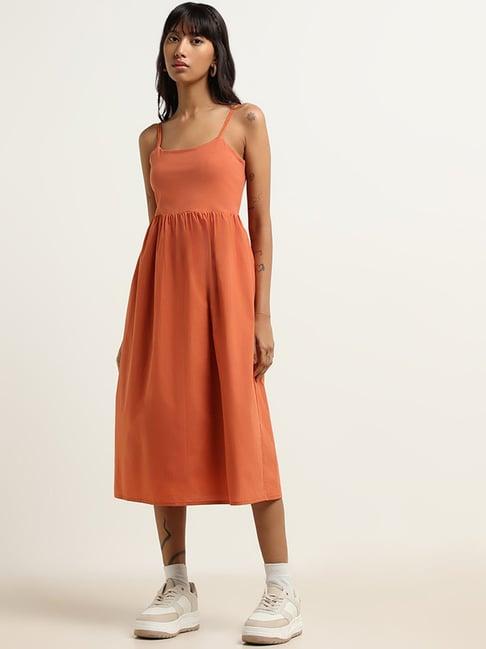 nuon by westside orange cotton strappy midi dress