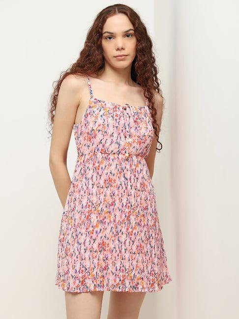 nuon by westside pink floral pleated a-line dress