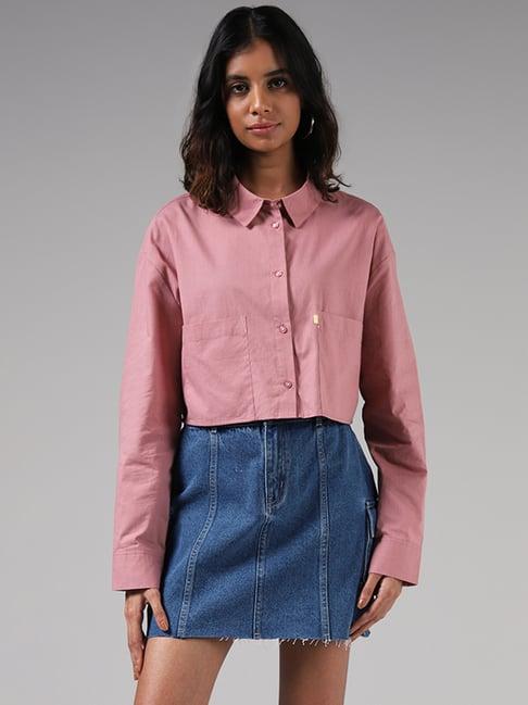 nuon by westside pink snap button crop shirt