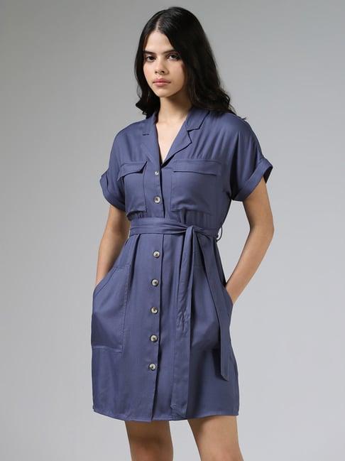 nuon by westside prune blue button down dress with sash belt