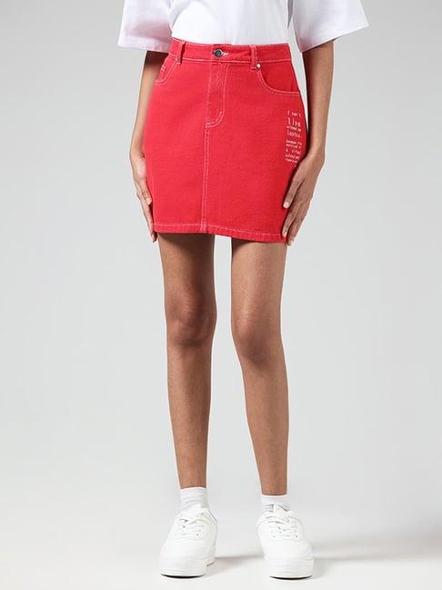 nuon by westside red typographic denim skirt