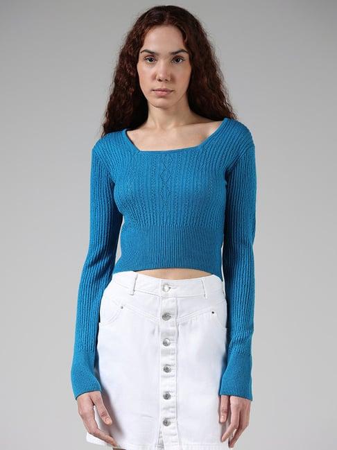 nuon by westside solid blue lace knitted crop sweater