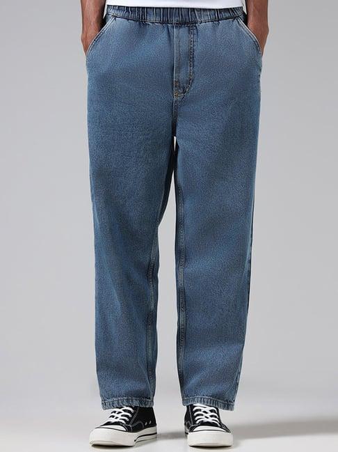 nuon by westside solid mid blue mid rise relaxed fit jeans