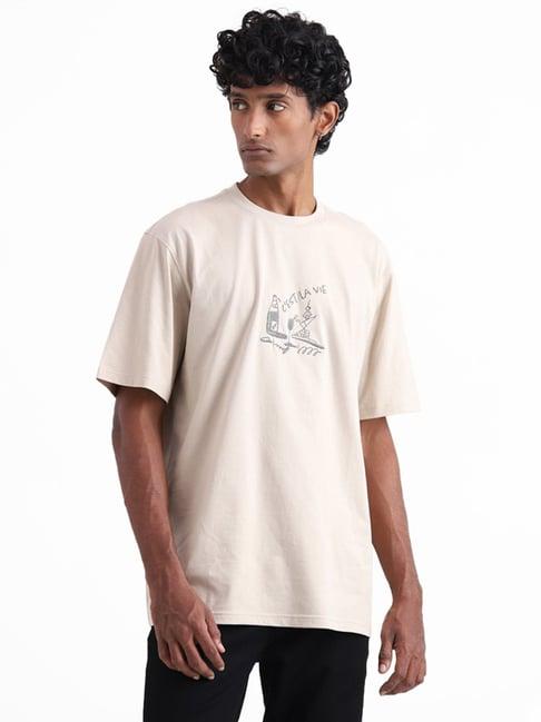 nuon by westside taupe embroidered relaxed fit t-shirt