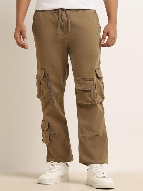 nuon by westside taupe relaxed-fit mid-rise cotton blend cargo chinos