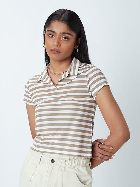 nuon by westside taupe striped polo-neck t-shirt