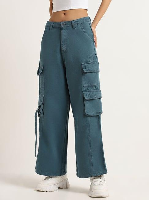 nuon by westside teal cargo high rise wide leg fit jeans