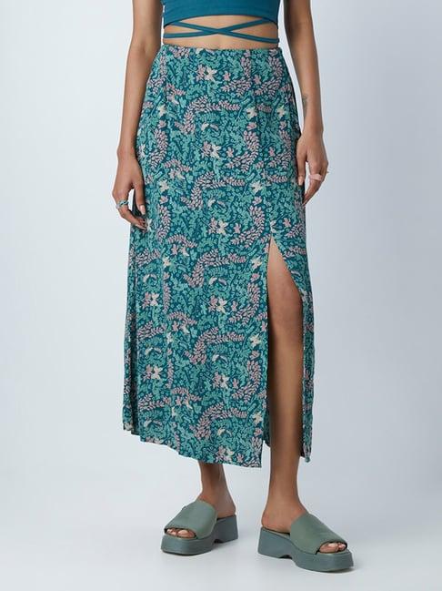 nuon by westside teal floral patterned skirt