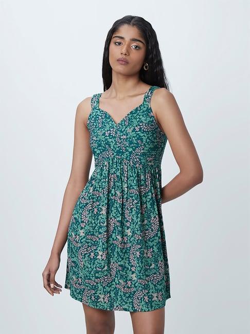 nuon by westside teal leaf-patterned dress