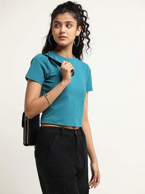 nuon by westside teal solid crop t-shirt