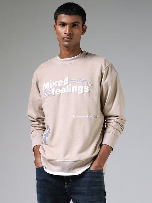 nuon by westside typography printed beige relaxed fit sweater