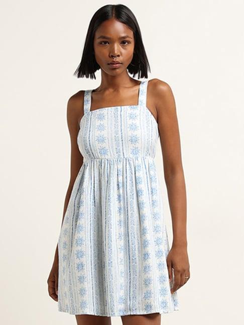 nuon by westside white & blue printed blended linen skater dress