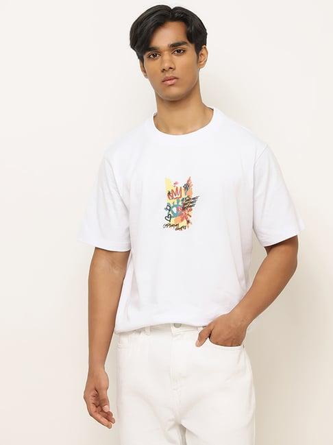 nuon by westside white graphic printed relaxed-fit cotton t-shirt