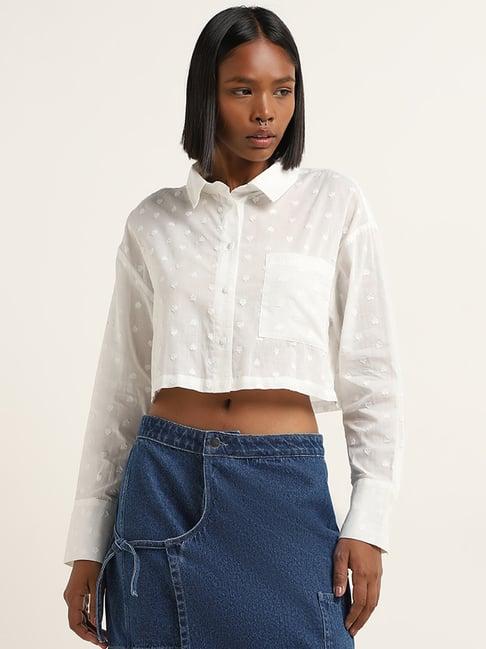 nuon by westside white heart embroidered cropped cotton shirt