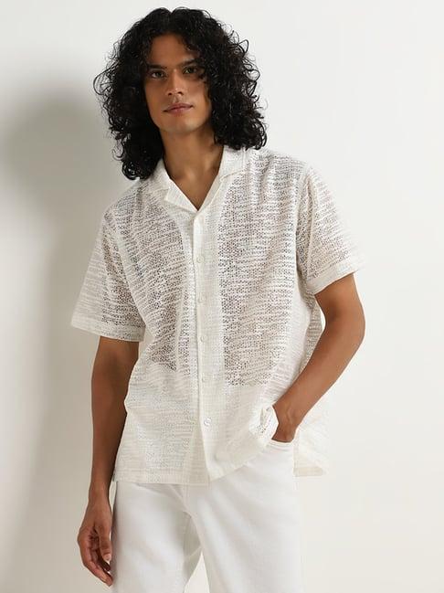 nuon by westside white knit-textured relaxed-fit cotton blend shirt